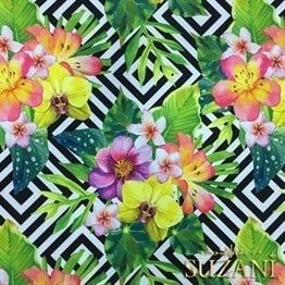 Kareler Üzeri Sarı Kırmızı Çiçekli Kumaş