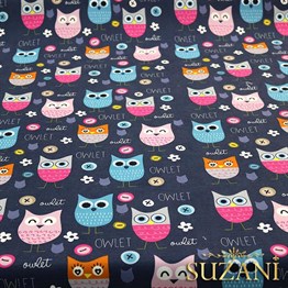 Lacivert Baykuş Desenli Çocuk Kumaşı