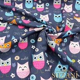 Lacivert Baykuş Desenli Çocuk Kumaşı