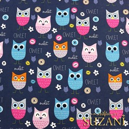 Lacivert Baykuş Desenli Çocuk Kumaşı