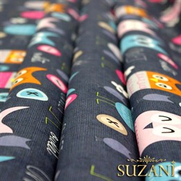 Lacivert Baykuş Desenli Çocuk Kumaşı