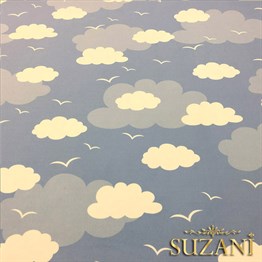 Mavi Fon Mavi Beyaz Bulutlu Kumaş