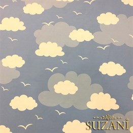 Mavi Fon Mavi Beyaz Bulutlu Kumaş