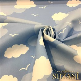 Mavi Fon Mavi Beyaz Bulutlu Kumaş