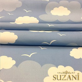 Mavi Fon Mavi Beyaz Bulutlu Kumaş