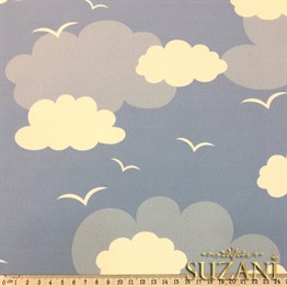 Mavi Fon Mavi Beyaz Bulutlu Kumaş