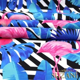 Mavi Yapraklı Flamingo Desenli Kumaş