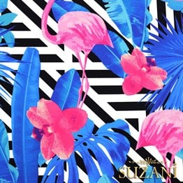 Mavi Yapraklı Flamingo Desenli Kumaş