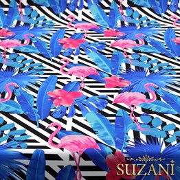 Mavi Yapraklı Flamingo Desenli Kumaş