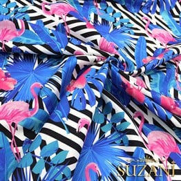 Mavi Yapraklı Flamingo Desenli Kumaş