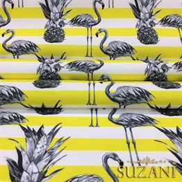 Sarı Çizgiler Üzeri Flamingo Tropikal Kumaş