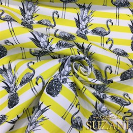 Sarı Çizgiler Üzeri Flamingo Tropikal Kumaş