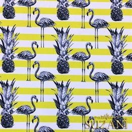 Sarı Çizgiler Üzeri Flamingo Tropikal Kumaş