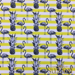 Sarı Çizgiler Üzeri Flamingo Tropikal Kumaş