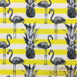 Sarı Çizgiler Üzeri Flamingo Tropikal Kumaş