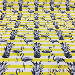 Sarı Çizgiler Üzeri Flamingo Tropikal Kumaş