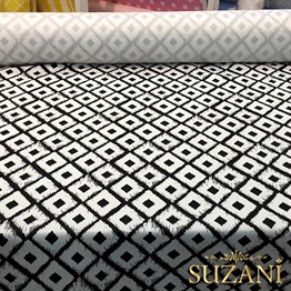 Siyah Beyaz İkat Baklava Desenli Kumaş