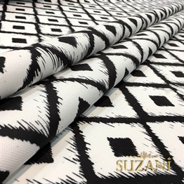 Siyah Beyaz İkat Baklava Desenli Kumaş