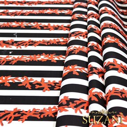 Siyah Beyaz Mercan Dalı Desenli Kumaş