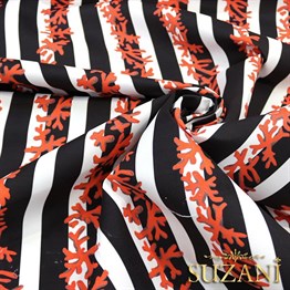 Siyah Beyaz Mercan Dalı Desenli Kumaş