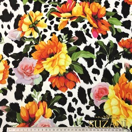 Siyah Beyaz Zemin Leopar Çiçekli Kumaş