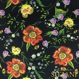 Siyah Üzeri Kırmızı Mor Çiçekli Kumaş