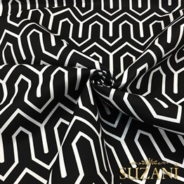 Siyah Zemin Geometrik Dağ Desenli Kumaş