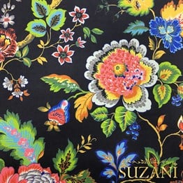 Siyah Zemin Mavi Pembe Çiçekli Kumaş