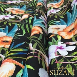 Suluboya Efektli Flamingolu Çiçekli Kumaş