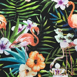 Suluboya Efektli Flamingolu Çiçekli Kumaş