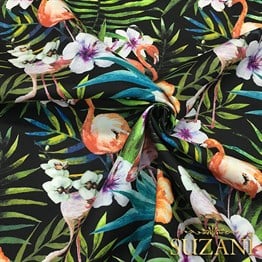 Suluboya Efektli Flamingolu Çiçekli Kumaş