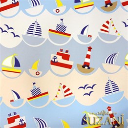 Tekneli Deniz Feneri Desenli Çocuk Kumaşı