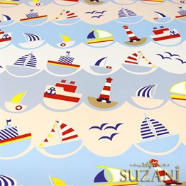 Tekneli Deniz Feneri Desenli Çocuk Kumaşı