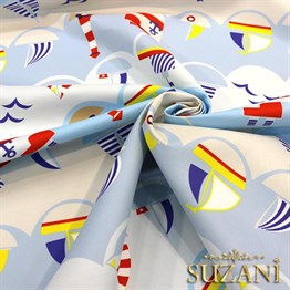 Tekneli Deniz Feneri Desenli Çocuk Kumaşı