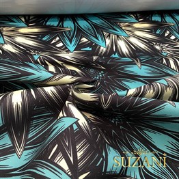 Turkuaz Egzotik Çiçekli Kumaş