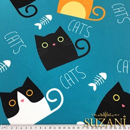 Turkuaz Zemin Kedili Kumaş