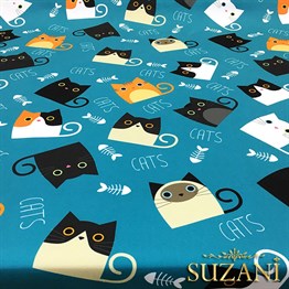 Turkuaz Zemin Kedili Kumaş