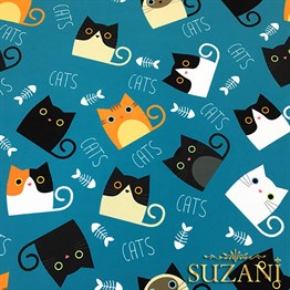 Turkuaz Zemin Kedili Kumaş