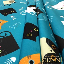 Turkuaz Zemin Kedili Kumaş