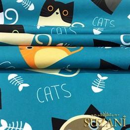 Turkuaz Zemin Kedili Kumaş