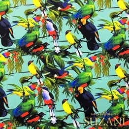 Turkuaz Zemin Kuşlu Desen Kumaş