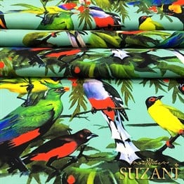 Turkuaz Zemin Kuşlu Desen Kumaş