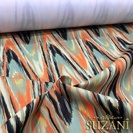 Turuncu Yeşil Dalgalı İkat Kumaş