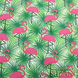 Yeşil Üzeri Pembe Flamingo Desenli Kumaş