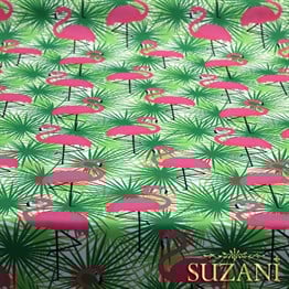 Yeşil Üzeri Pembe Flamingo Desenli Kumaş