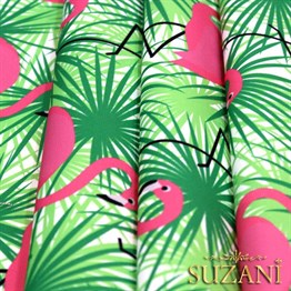 Yeşil Üzeri Pembe Flamingo Desenli Kumaş