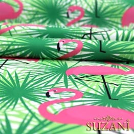 Yeşil Üzeri Pembe Flamingo Desenli Kumaş