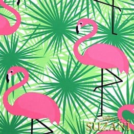 Yeşil Üzeri Pembe Flamingo Desenli Kumaş