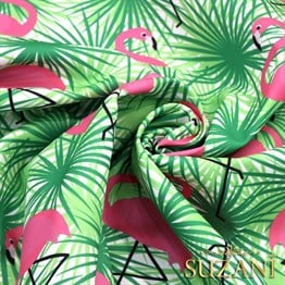 Yeşil Üzeri Pembe Flamingo Desenli Kumaş