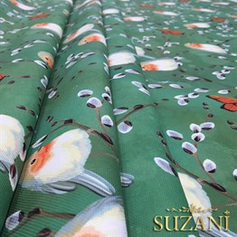 Yeşil Zemin Kuşlu Kelebekli Kumaş